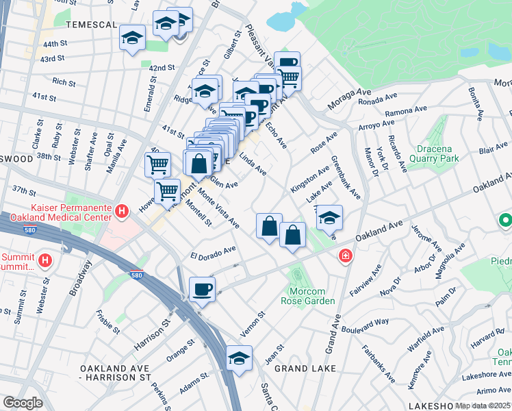 map of restaurants, bars, coffee shops, grocery stores, and more near 145 Monte Cresta Avenue in Oakland