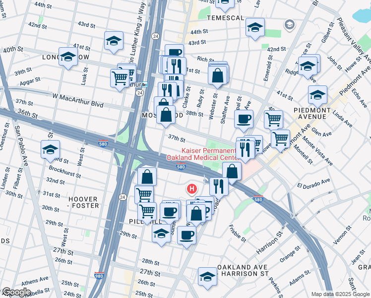 map of restaurants, bars, coffee shops, grocery stores, and more near 451 36th Street in Oakland