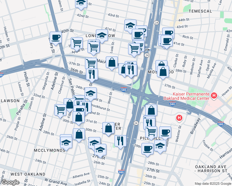 map of restaurants, bars, coffee shops, grocery stores, and more near in Oakland