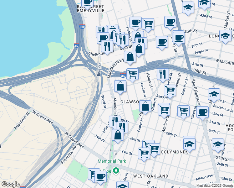 map of restaurants, bars, coffee shops, grocery stores, and more near 3235 Ettie Street in Oakland