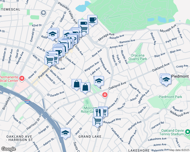 map of restaurants, bars, coffee shops, grocery stores, and more near 220 Howard Avenue in Piedmont