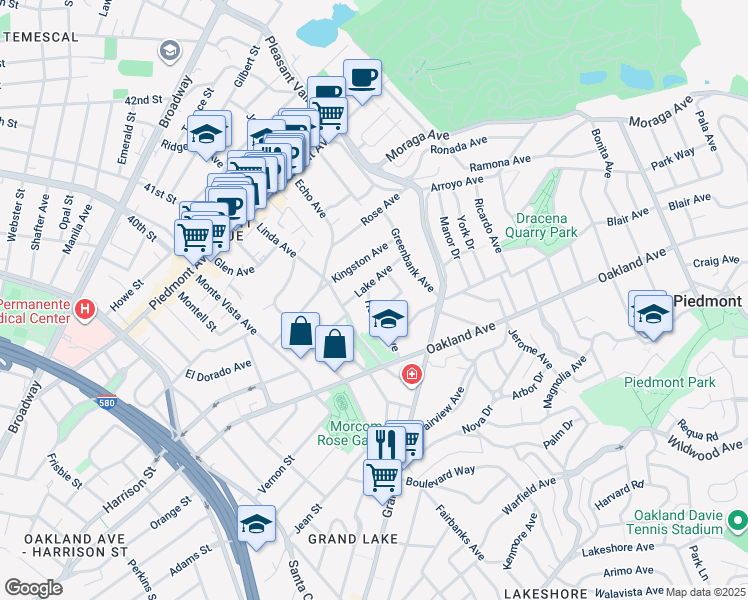 map of restaurants, bars, coffee shops, grocery stores, and more near 220 Howard Avenue in Piedmont