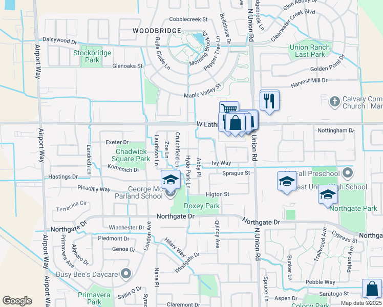 map of restaurants, bars, coffee shops, grocery stores, and more near 1948 Hyde Park Lane in Manteca