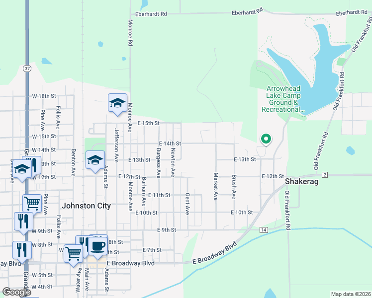 map of restaurants, bars, coffee shops, grocery stores, and more near 1201-1399 E 13th St in Johnston City