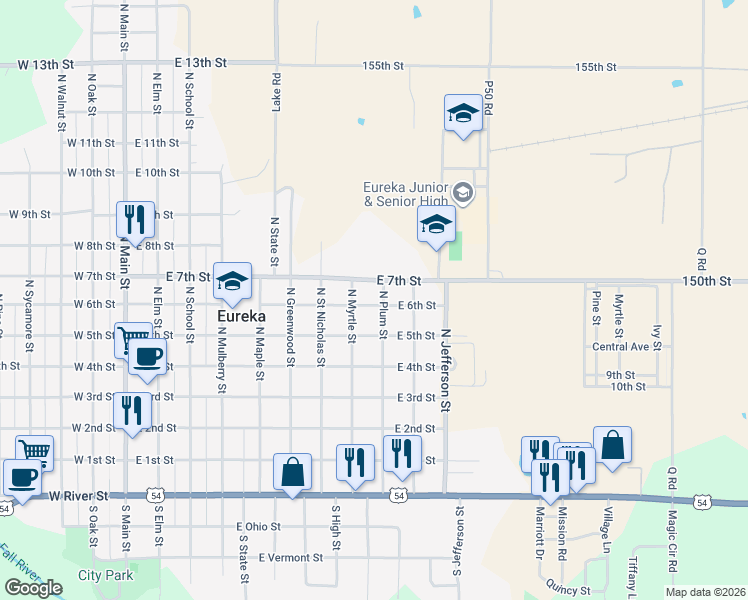 map of restaurants, bars, coffee shops, grocery stores, and more near 801-899 East 6th Street in Eureka