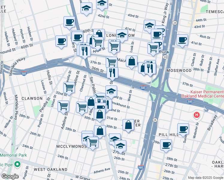 map of restaurants, bars, coffee shops, grocery stores, and more near 895 34th Street in Oakland