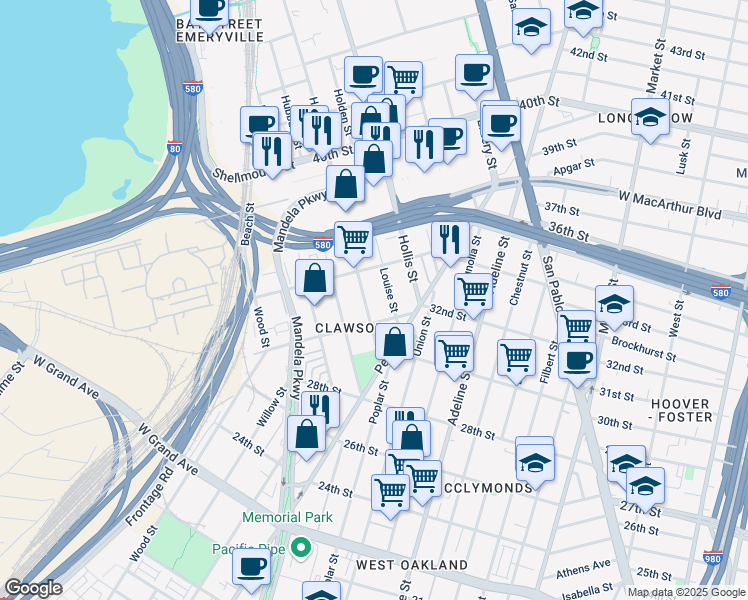 map of restaurants, bars, coffee shops, grocery stores, and more near 3217 Helen Street in Oakland