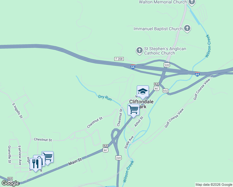 map of restaurants, bars, coffee shops, grocery stores, and more near Nicholas Drive in Clifton Forge