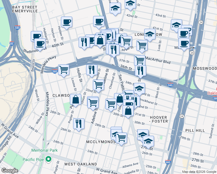 map of restaurants, bars, coffee shops, grocery stores, and more near 3303 Chestnut Street in Oakland