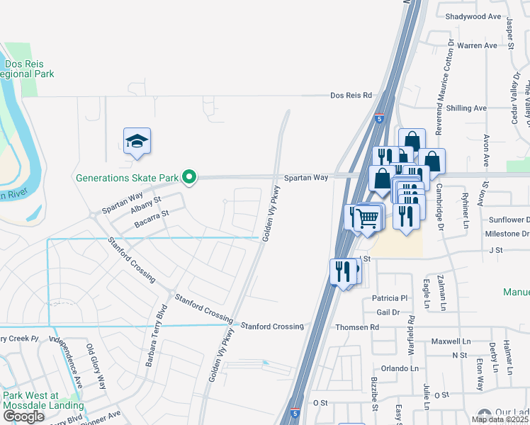 map of restaurants, bars, coffee shops, grocery stores, and more near 15201 Golden Valley Parkway in Lathrop