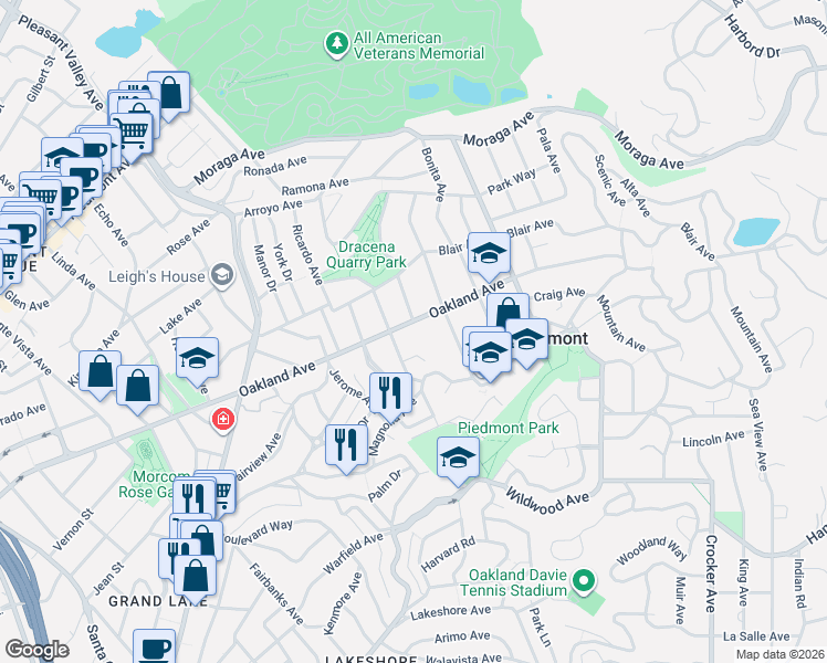map of restaurants, bars, coffee shops, grocery stores, and more near 1546 Oakland Avenue in Piedmont