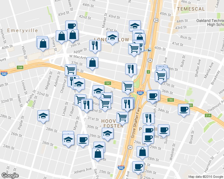 map of restaurants, bars, coffee shops, grocery stores, and more near 3429 West St in Oakland