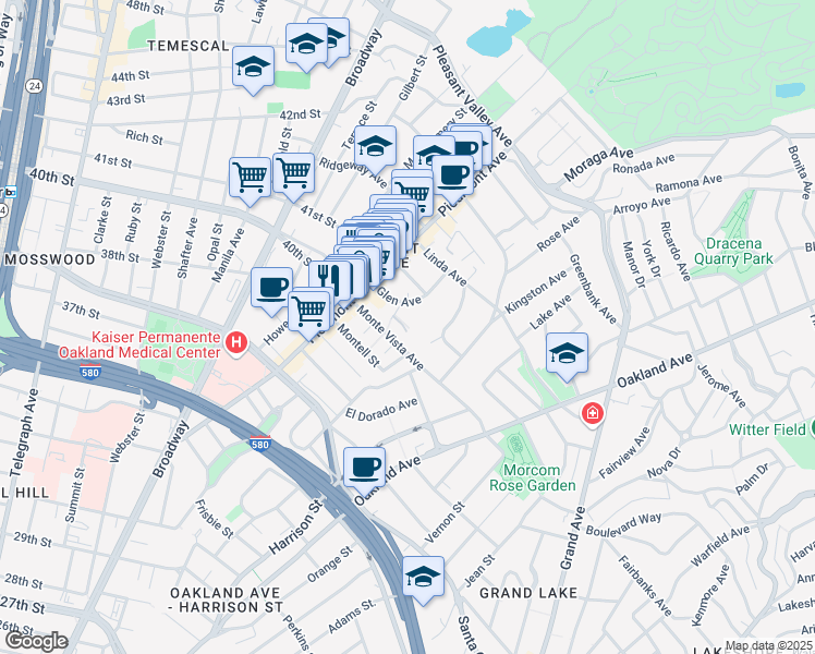 map of restaurants, bars, coffee shops, grocery stores, and more near 212 Monte Vista Avenue in Oakland