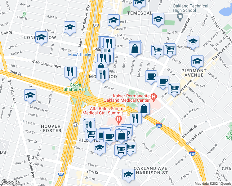 map of restaurants, bars, coffee shops, grocery stores, and more near 451 36th Street in Oakland