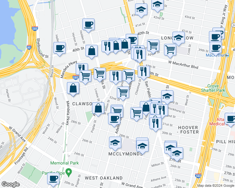 map of restaurants, bars, coffee shops, grocery stores, and more near 1162 32nd Street in Oakland