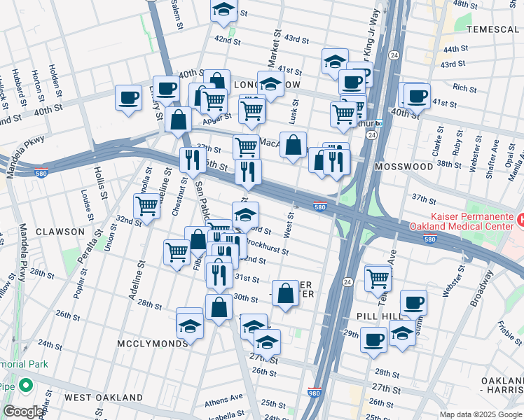 map of restaurants, bars, coffee shops, grocery stores, and more near 864 34th Street in Oakland