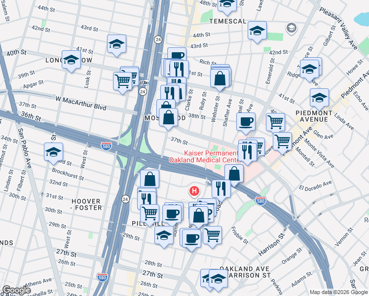 map of restaurants, bars, coffee shops, grocery stores, and more near 451 36th Street in Oakland