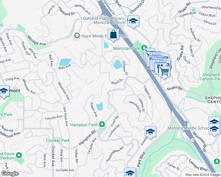 map of restaurants, bars, coffee shops, grocery stores, and more near La Salle Avenue in Piedmont