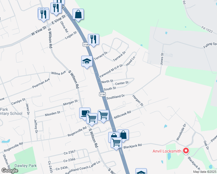 map of restaurants, bars, coffee shops, grocery stores, and more near 356 South Street in Radcliff