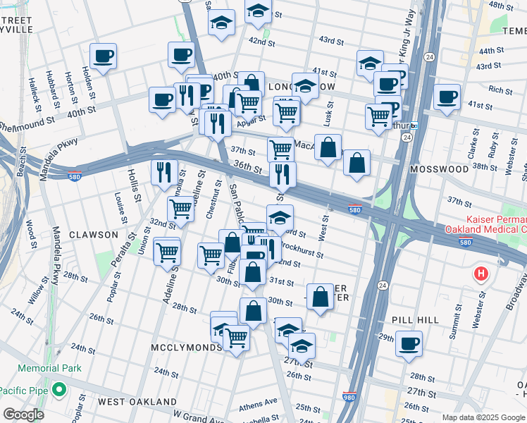 map of restaurants, bars, coffee shops, grocery stores, and more near 931 34th Street in Oakland