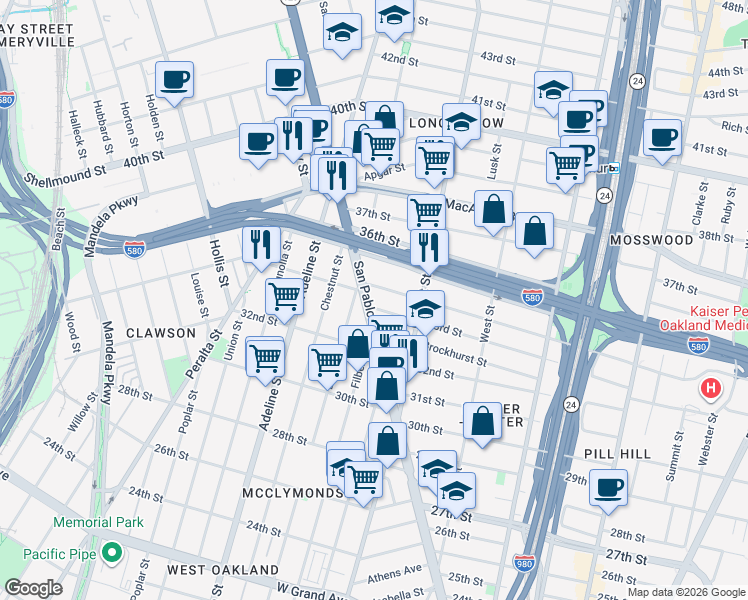 map of restaurants, bars, coffee shops, grocery stores, and more near 2 San Pablo Avenue in Oakland