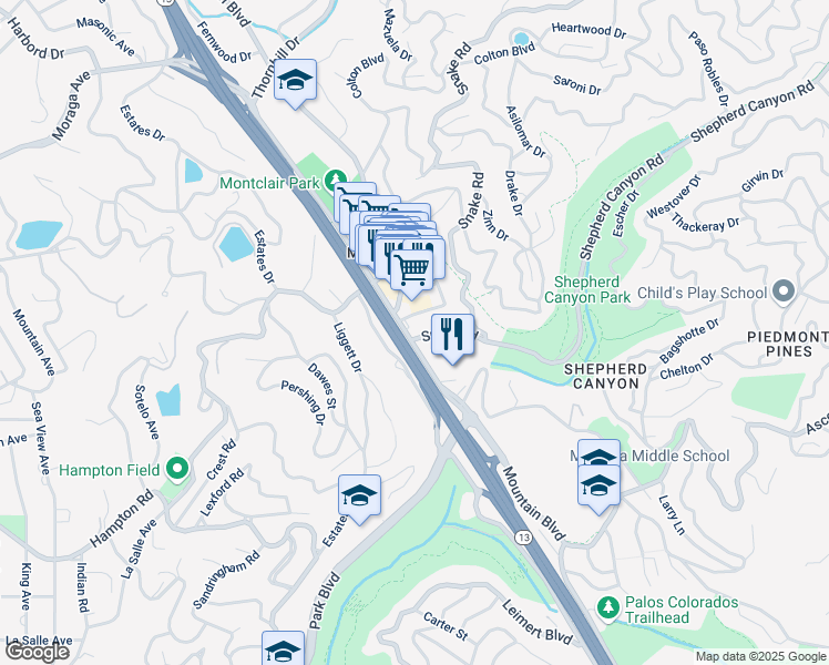 map of restaurants, bars, coffee shops, grocery stores, and more near 2130 Mountain Boulevard in Oakland