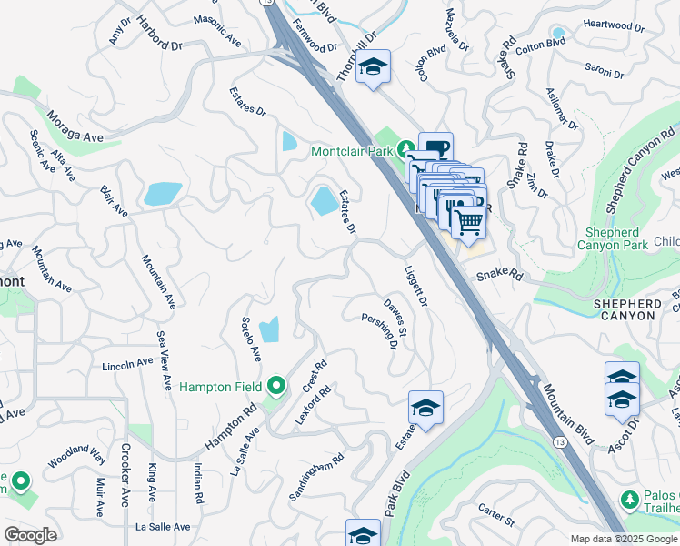 map of restaurants, bars, coffee shops, grocery stores, and more near 5701 La Salle Avenue in Oakland