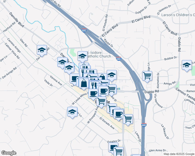 map of restaurants, bars, coffee shops, grocery stores, and more near 344 Rose Street in Danville