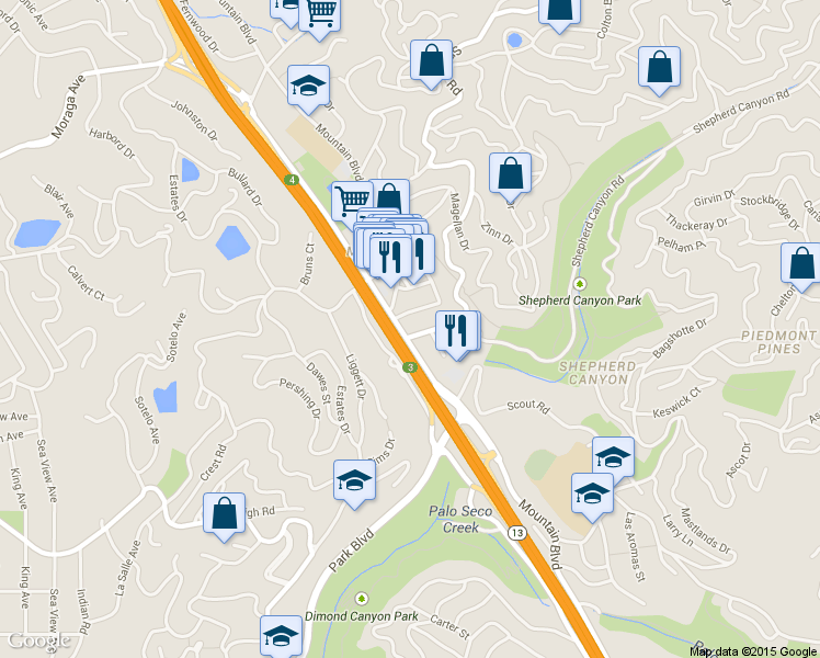 map of restaurants, bars, coffee shops, grocery stores, and more near 2151 Trafalgar Place in Oakland