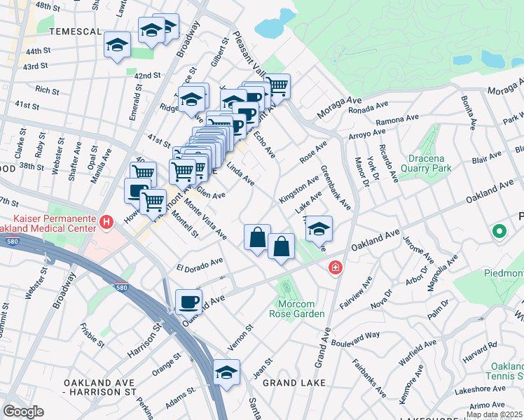 map of restaurants, bars, coffee shops, grocery stores, and more near 778 Kingston Avenue in Piedmont