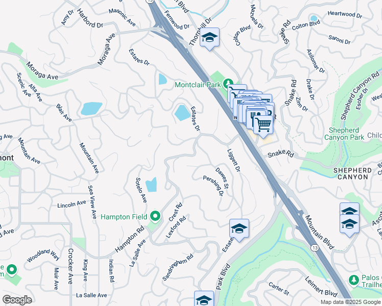 map of restaurants, bars, coffee shops, grocery stores, and more near 5701 La Salle Avenue in Oakland