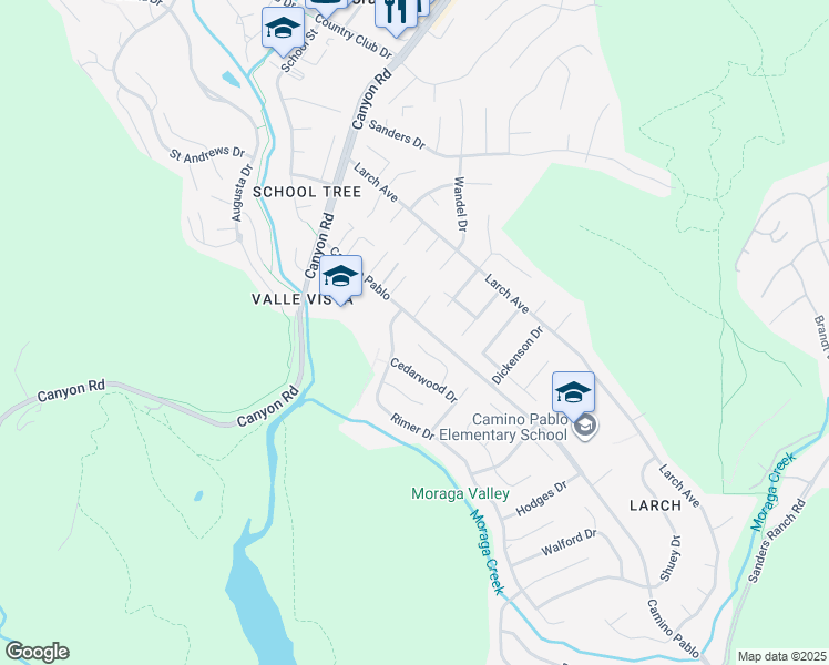 map of restaurants, bars, coffee shops, grocery stores, and more near 92 Gaywood Place in Moraga