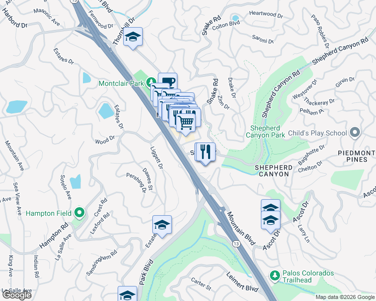 map of restaurants, bars, coffee shops, grocery stores, and more near 2130 Mountain Boulevard in Oakland