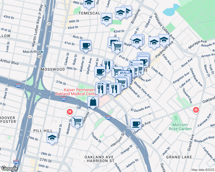 map of restaurants, bars, coffee shops, grocery stores, and more near 280 West MacArthur Boulevard in Oakland