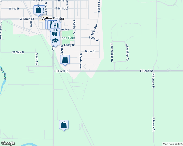 map of restaurants, bars, coffee shops, grocery stores, and more near 401 East Ford Street in Valley Center