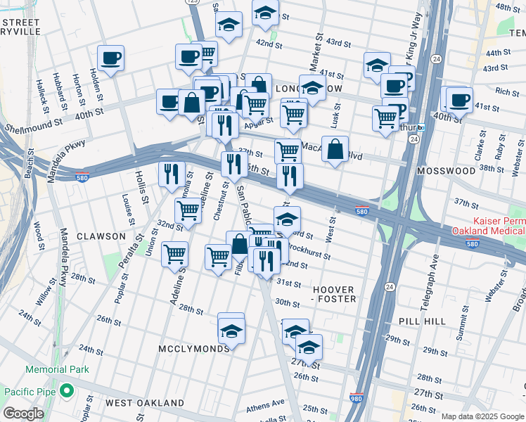 map of restaurants, bars, coffee shops, grocery stores, and more near 953 34th Street in Oakland