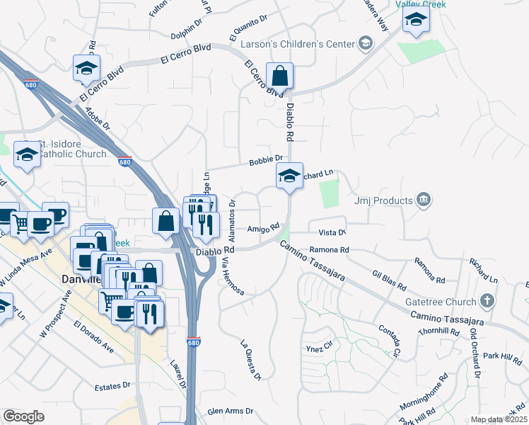 map of restaurants, bars, coffee shops, grocery stores, and more near 513 Alamatos Drive in Danville
