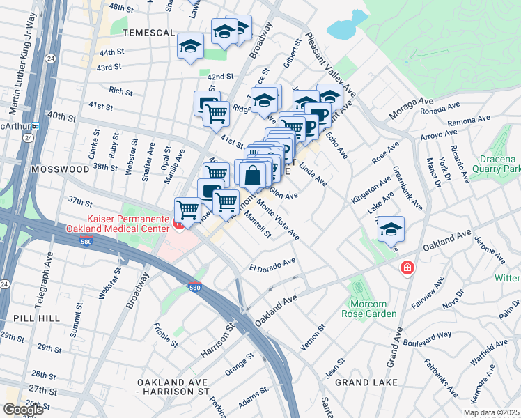 map of restaurants, bars, coffee shops, grocery stores, and more near 53 Monte Vista Avenue in Oakland