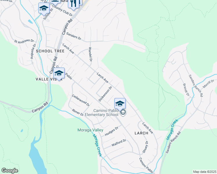 map of restaurants, bars, coffee shops, grocery stores, and more near 1100 Larch Avenue in Moraga