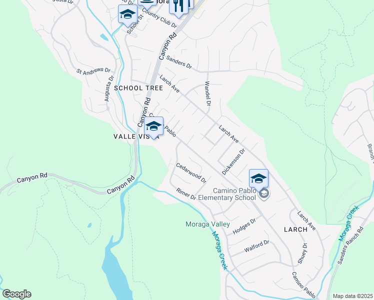 map of restaurants, bars, coffee shops, grocery stores, and more near 92 Gaywood Place in Moraga