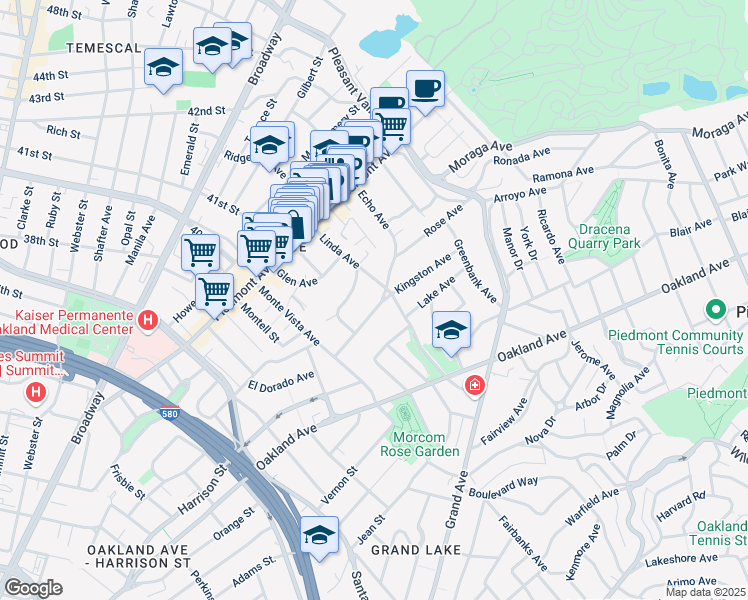 map of restaurants, bars, coffee shops, grocery stores, and more near 91 Linda Avenue in Oakland