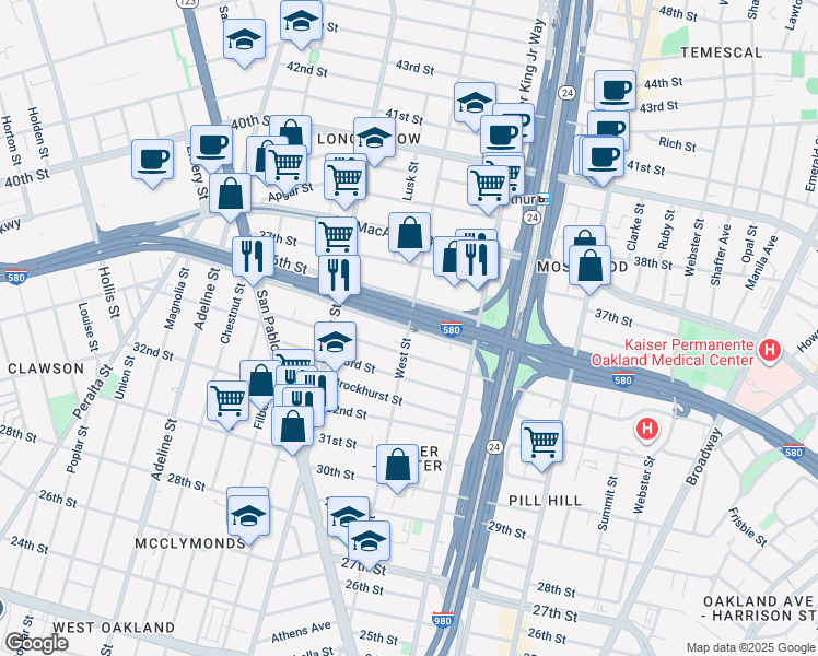 map of restaurants, bars, coffee shops, grocery stores, and more near 3539 West Street in Oakland