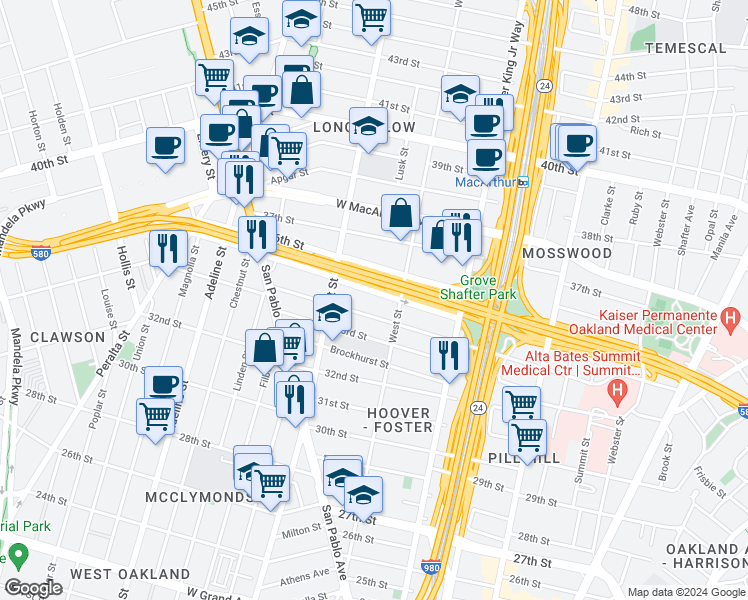 map of restaurants, bars, coffee shops, grocery stores, and more near 855 35th Street in Oakland