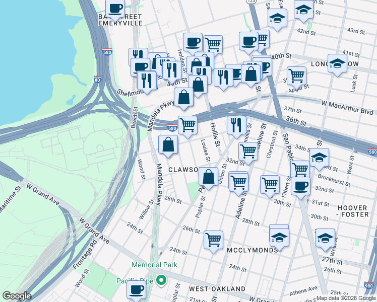 map of restaurants, bars, coffee shops, grocery stores, and more near 1489 34th Street in Oakland