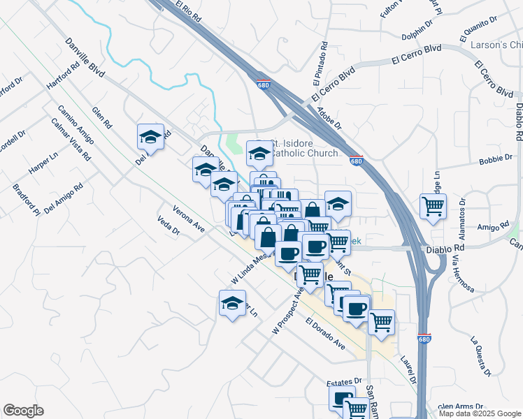 map of restaurants, bars, coffee shops, grocery stores, and more near 151 Hartz Avenue in Danville