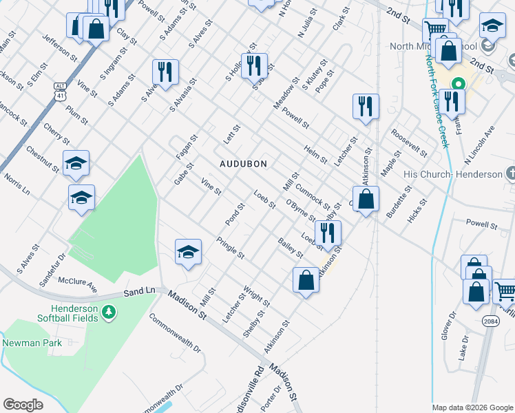 map of restaurants, bars, coffee shops, grocery stores, and more near 1201-1299 Loeb Street in Henderson