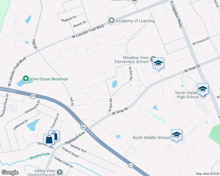 map of restaurants, bars, coffee shops, grocery stores, and more near 565 South Lorraine Street in Radcliff