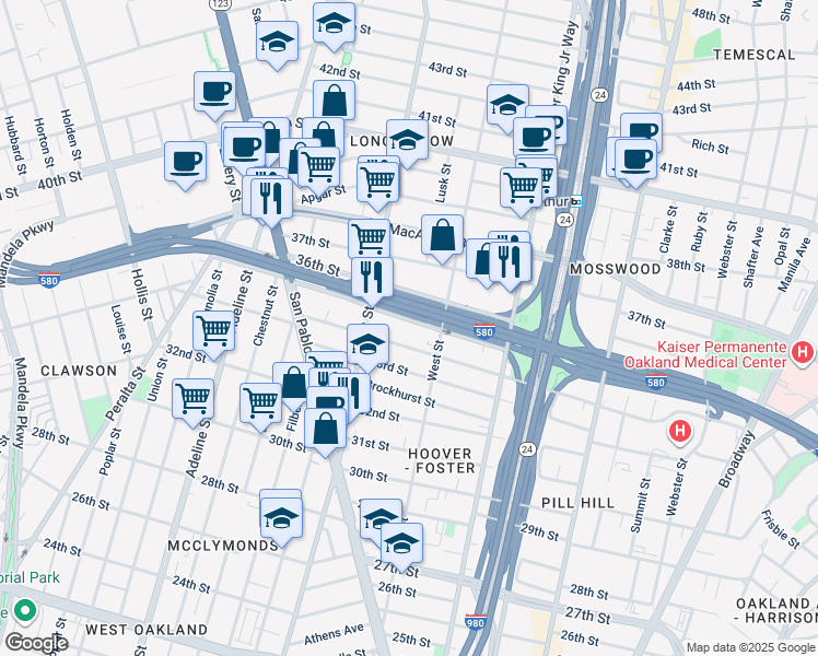 map of restaurants, bars, coffee shops, grocery stores, and more near 839 35th Street in Oakland