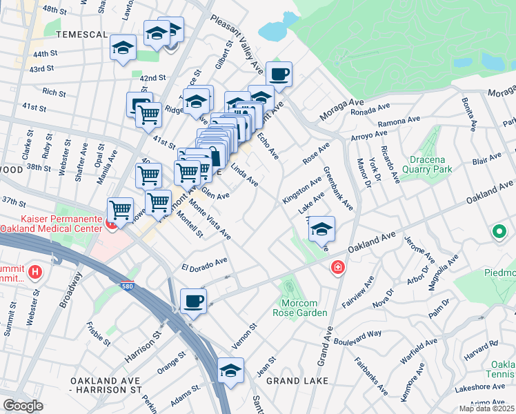map of restaurants, bars, coffee shops, grocery stores, and more near 100 Monte Cresta Avenue in Oakland