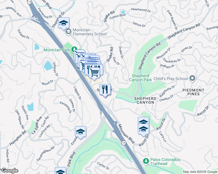 map of restaurants, bars, coffee shops, grocery stores, and more near 2125 Magellan Drive in Oakland